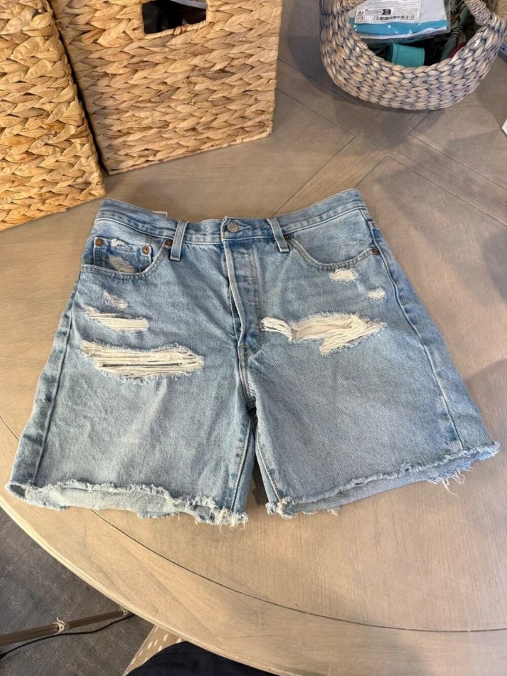 Levi's Light Blue Distressed High-Rise Denim Shorts